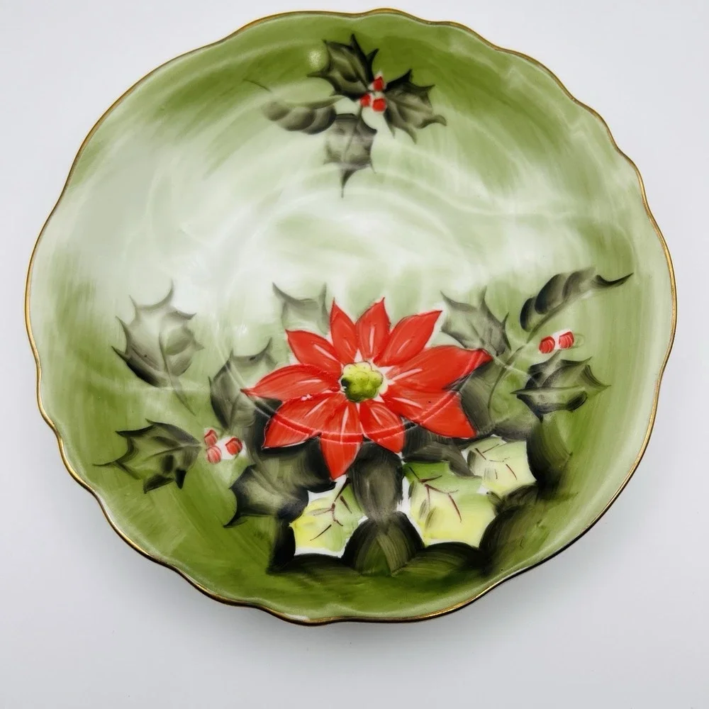 Lefton China Poinsettia Teacup Saucer Hand Painted Holiday Christmas Green Gold